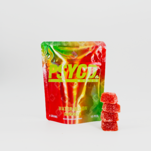 PSYCD 4G Magic Mushroom Gummies 10-piece variety pack with Green Apple, Pink Lemonade, Grape, Watermelon and Blueberry flavors.